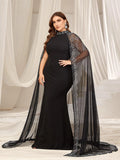 Plus Rhinestone Detail Mock Neck Mermaid Hem Formal Cape Dress - Elonnashop