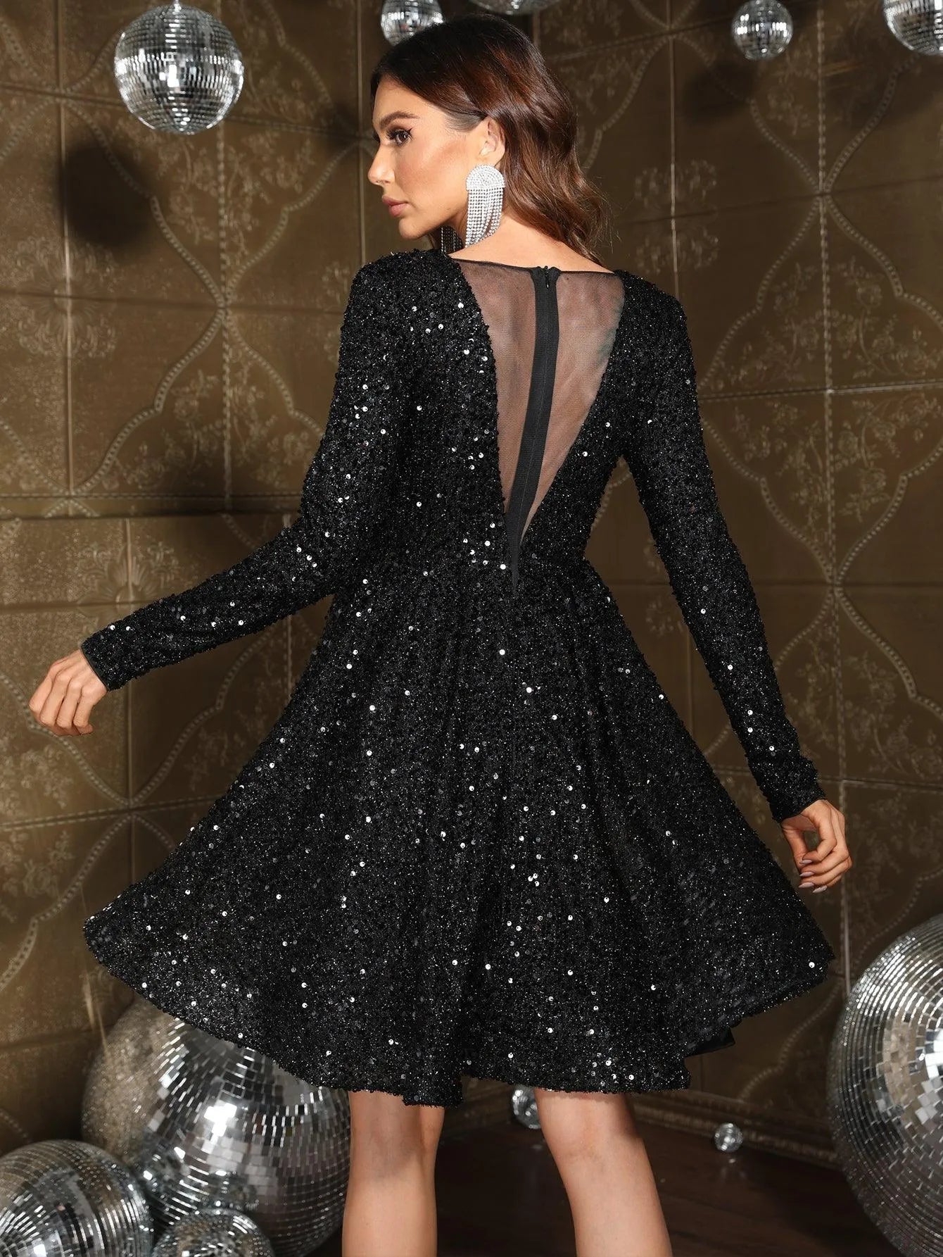 Long Sleeve Sequin A Line Cocktail Dress - Elonnashop