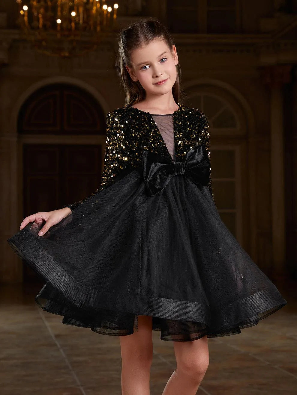 Tween Girls' Cute Bow Front Long Sleeve Party Dress - Elonnashop