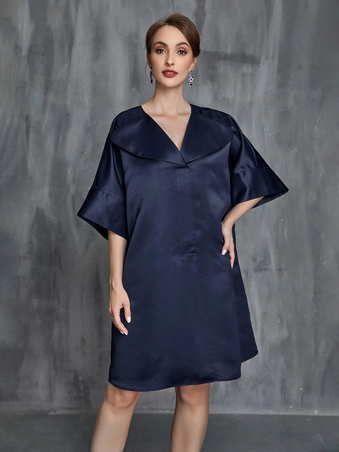 Womens' Solid Half Sleeves Satin Midi Dress - Elonnashop