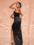 Chic Contrast Sequin Satin Hem Tube Party Dress - Elonnashop