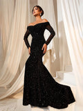 Gorgeous Off Shoulder Mermaid Hem Sequin Evening Dress