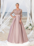 Womens' Glamorous Evening Gown: Allover Sequin-Embroidered Bodice & Satin A-Line Skirt – Elegant Formal Dress for Black-Tie Events