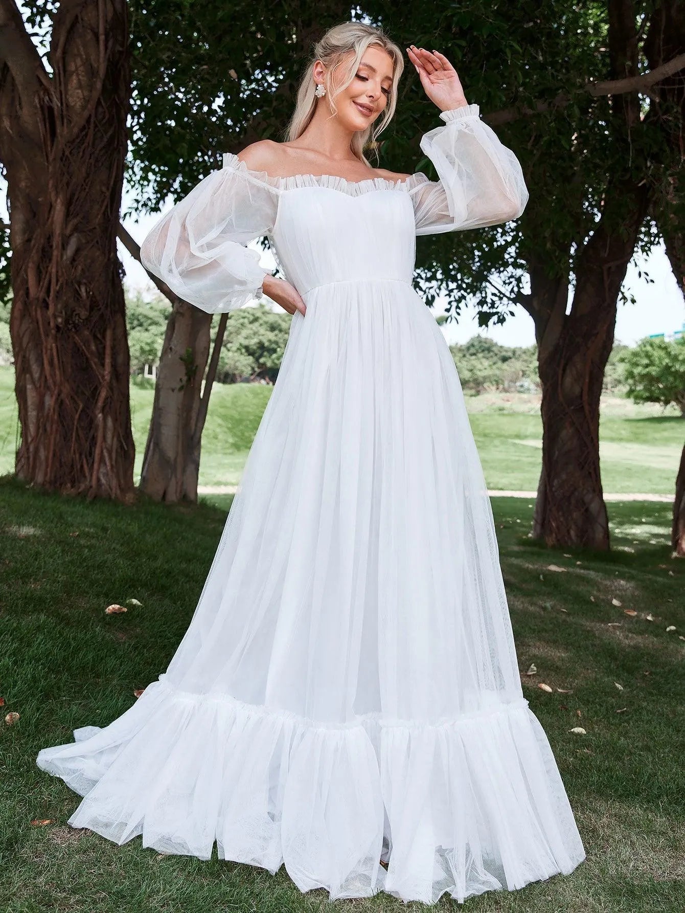 Off Shoulder Lantern Sleeve Mesh Wedding Dress - Elonnashop