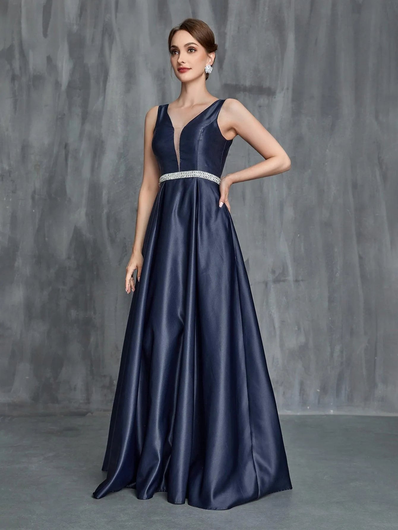 Womens' Backless Rhinestone Waistband Satin Formal Dress - Elonnashop