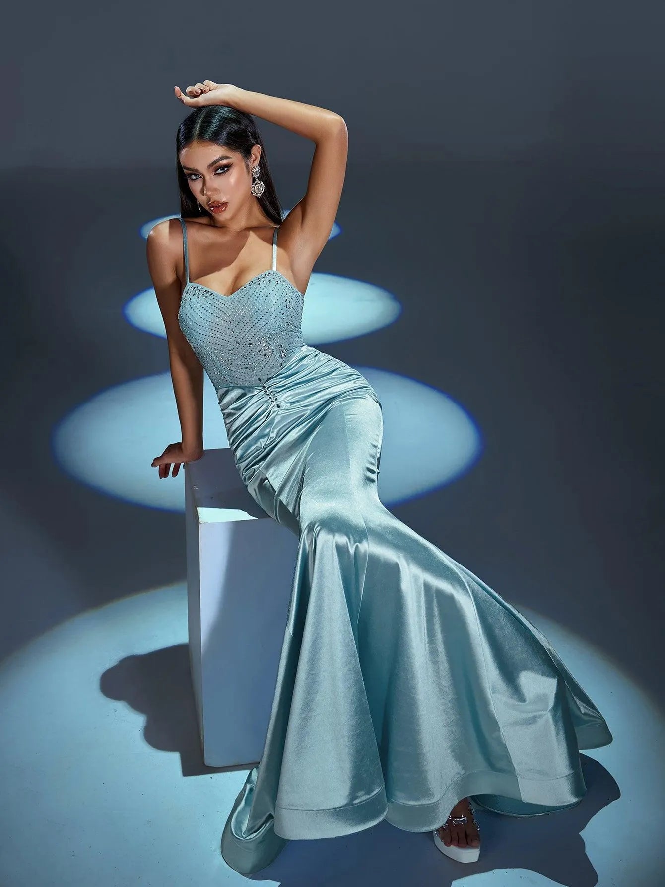 Rhinestone Detail Spaghetti Straps Satin Mermaid Dress - Elonnashop