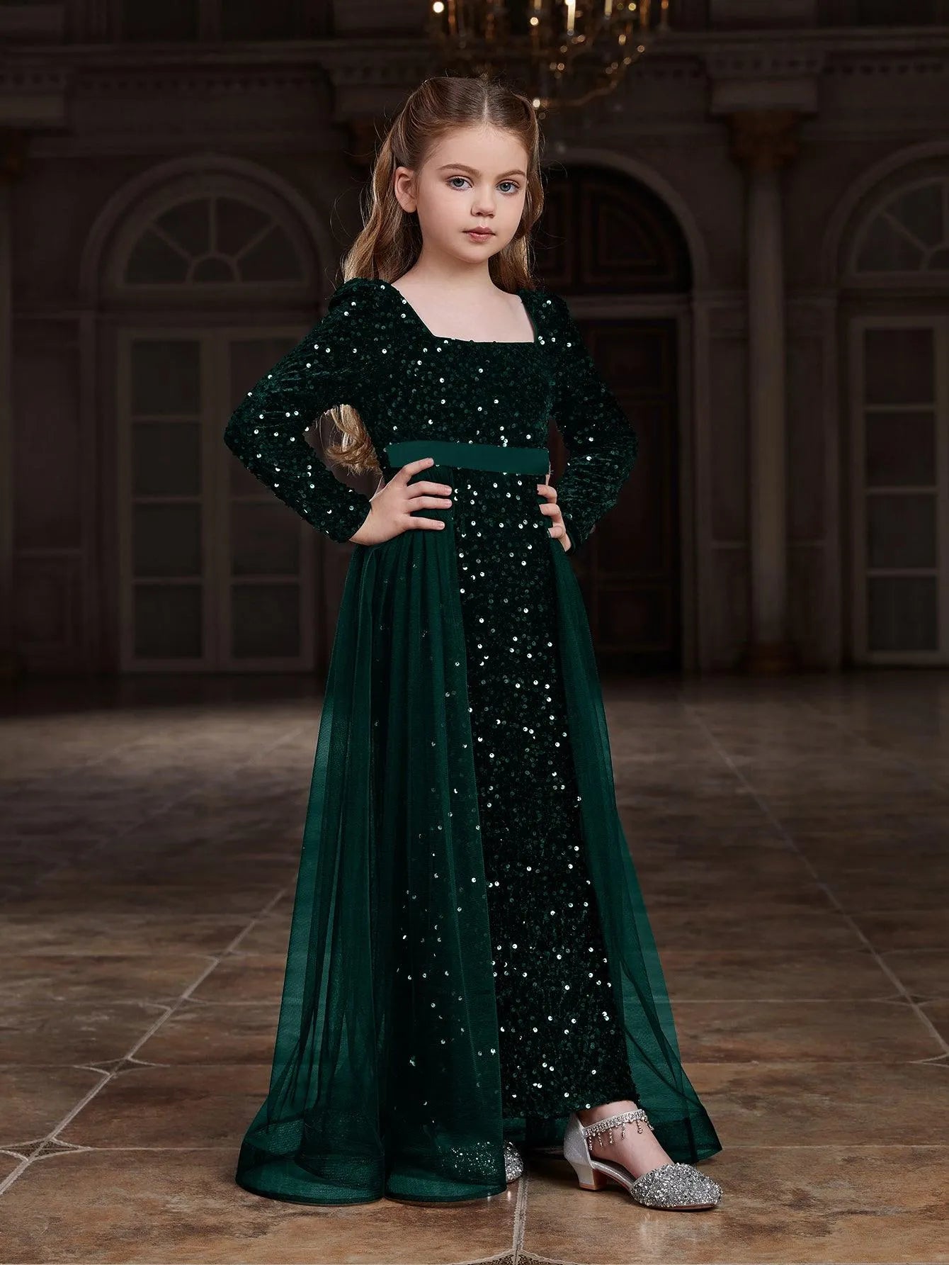 Tween Girls' Square Collar Long Sleeves Sequin Mermaid Dress - Elonnashop