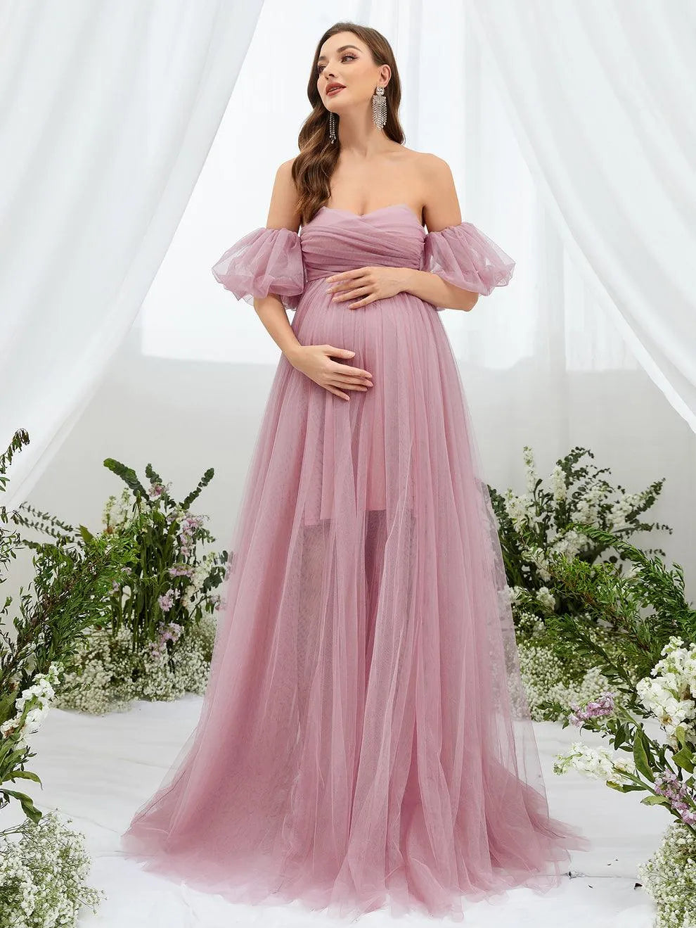 Maternity Off Shoulder Puff Sleeve Mesh Overlay Dress - Elonnashop