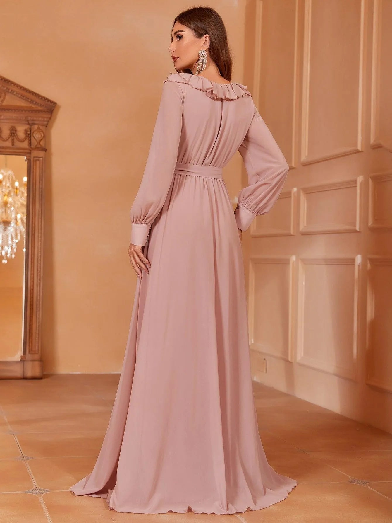 Solid Bishop Sleeves Chiffon Belted Dress - Elonnashop