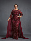 Plus Womens' Luxurious Evening Gown with Embroidered Sequin Detailing & Chiffon Skirt – Sculpted Bodice & Sheer Train for Formal Galas
