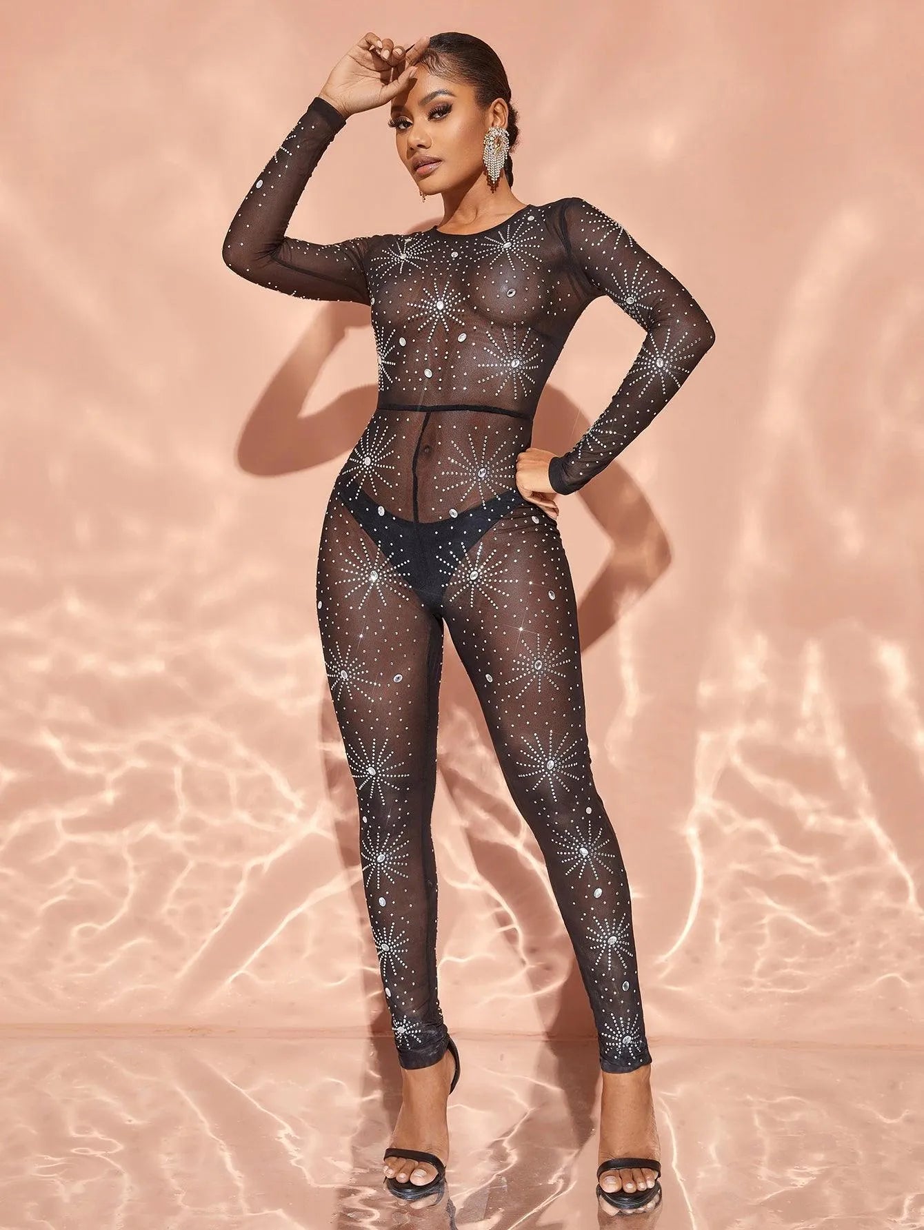 Chic Rhinestone Detail Long Sleeves Jumpsuit - Elonnashop