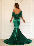 Off Shoulder Cap Sleeves Satin Mermaid Dress - Elonnashop