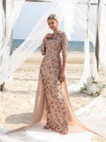 Womens' Luxurious Evening Gown with Embroidered Sequin Detailing & Chiffon Skirt – Sculpted Bodice & Sheer Train for Formal Galas