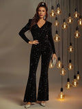 V Neck Long Sleeves Sequin Formal Jumpsuit - Elonnashop