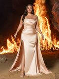 Plus Satin Strapless Evening Gown with Lace Appliqué | High Slit & Sweep Train
