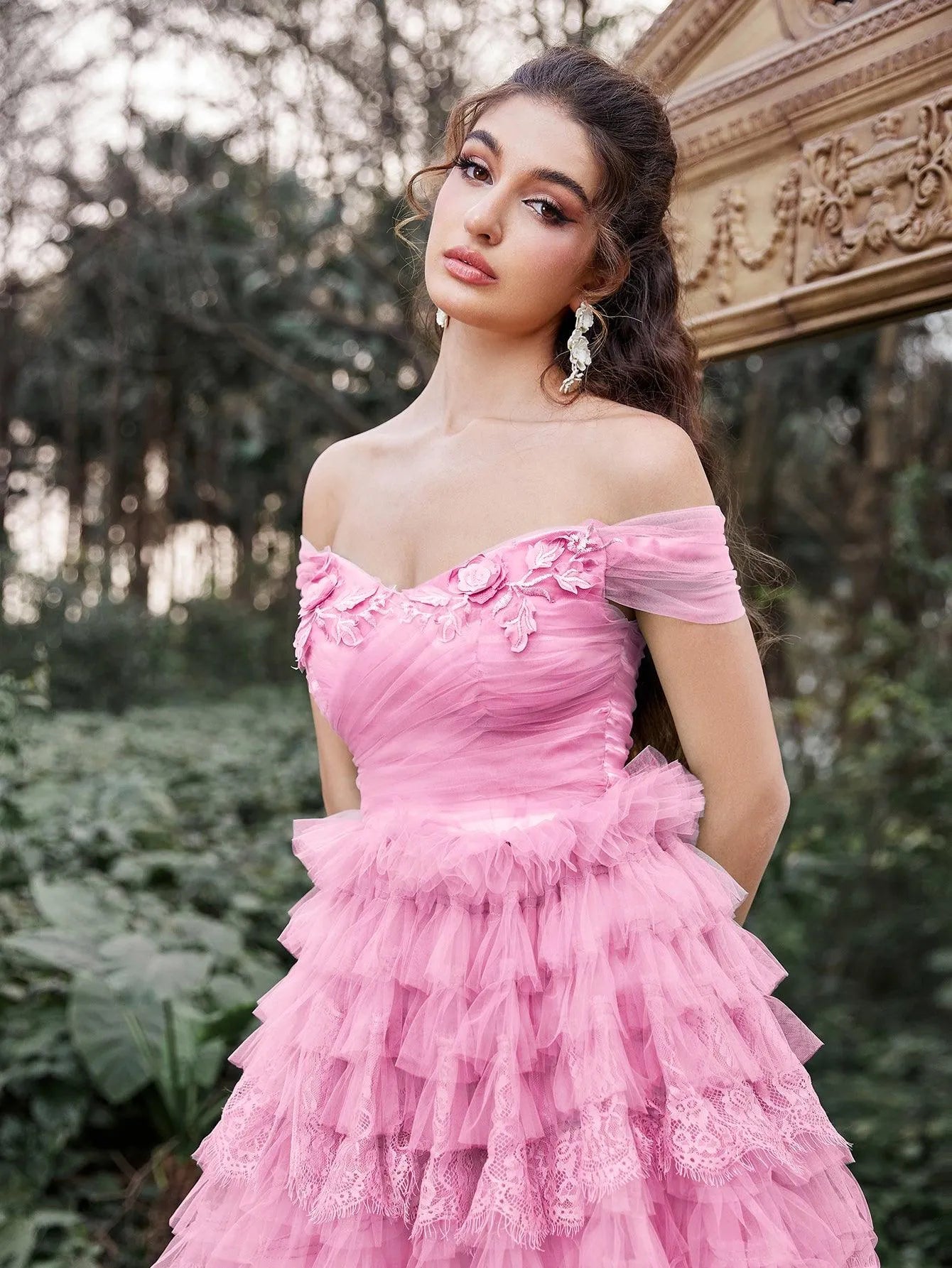 Gorgeous Applique Detail Off Shoulder Cascading Ruffle Hem Prom Dress - Elonnashop