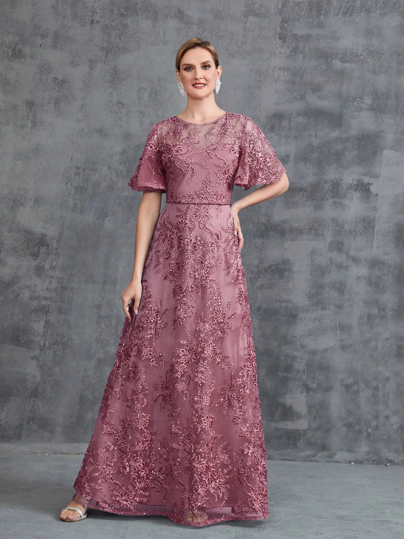 Womens‘ Floral Embroidered Butterfly Sleeves A Line Formal Evening Dress