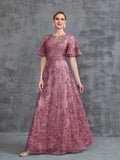 Womens‘ Floral Embroidered Butterfly Sleeves A Line Formal Evening Dress