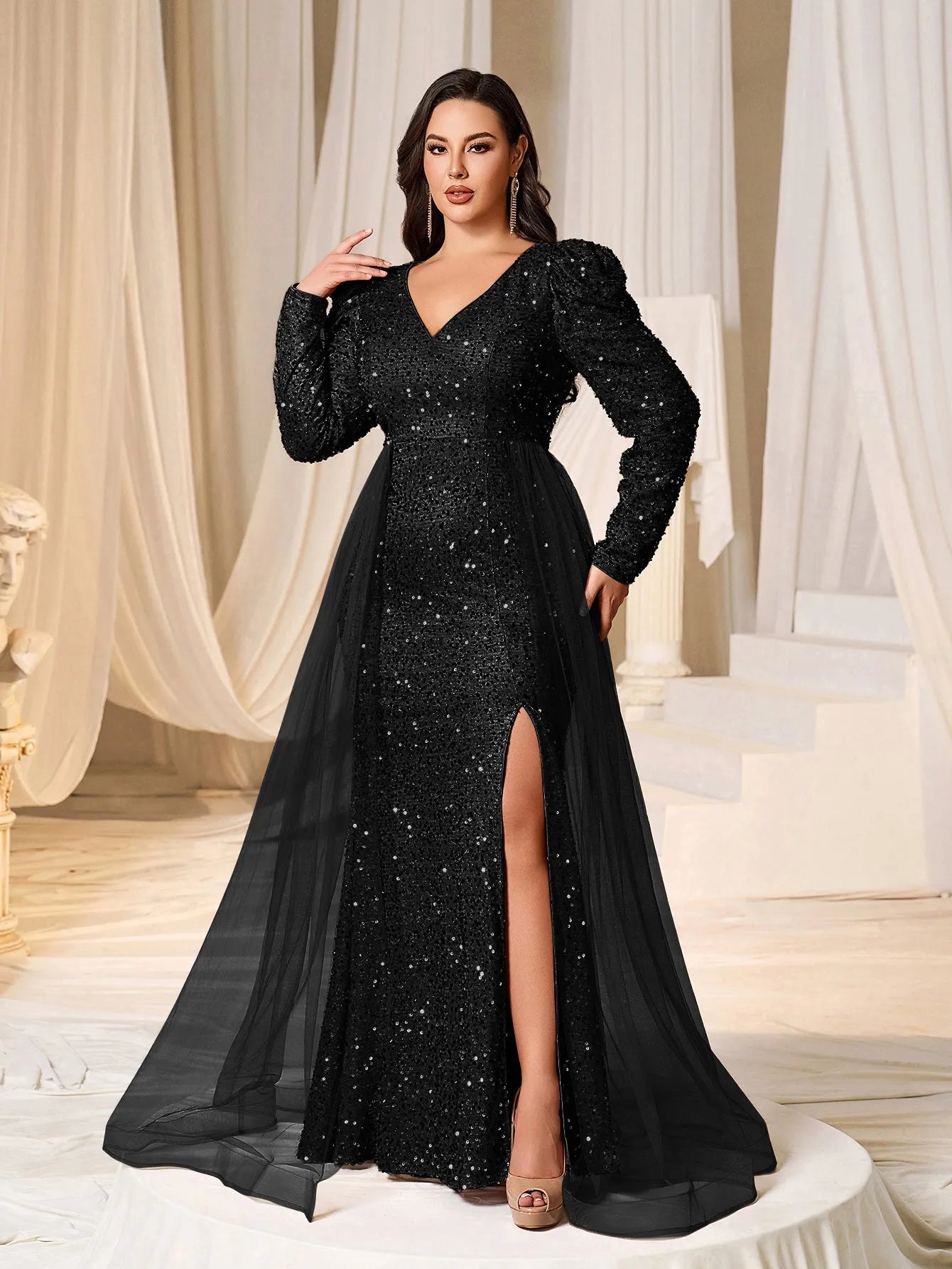 Plus Gigot Sleeves Split Mermaid Hem Sequin Formal Dress