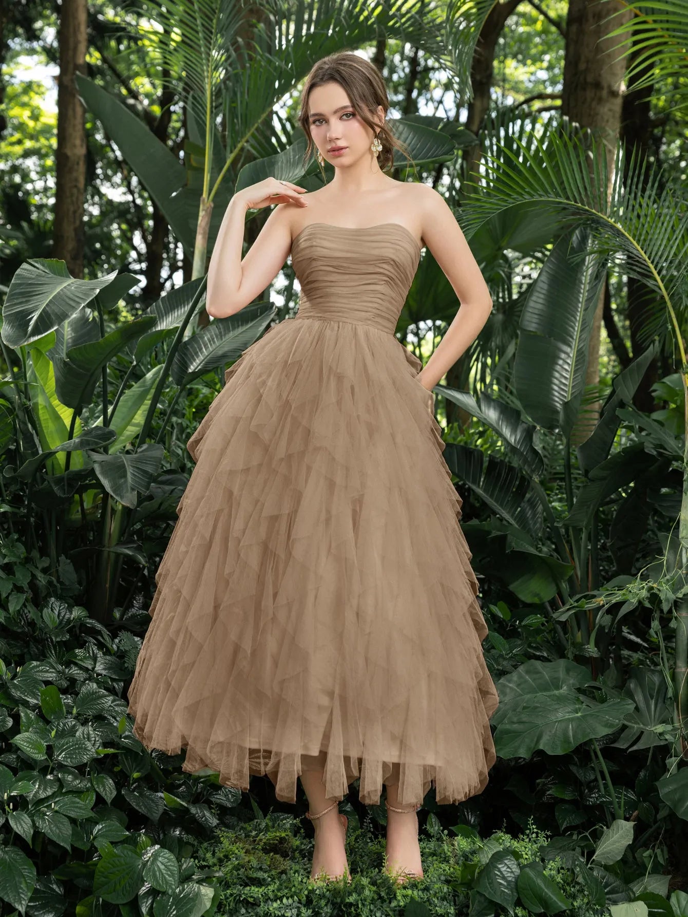 Midi Ruched Bustier Cascading Ruffle Hem Tulle Party Tube Dress