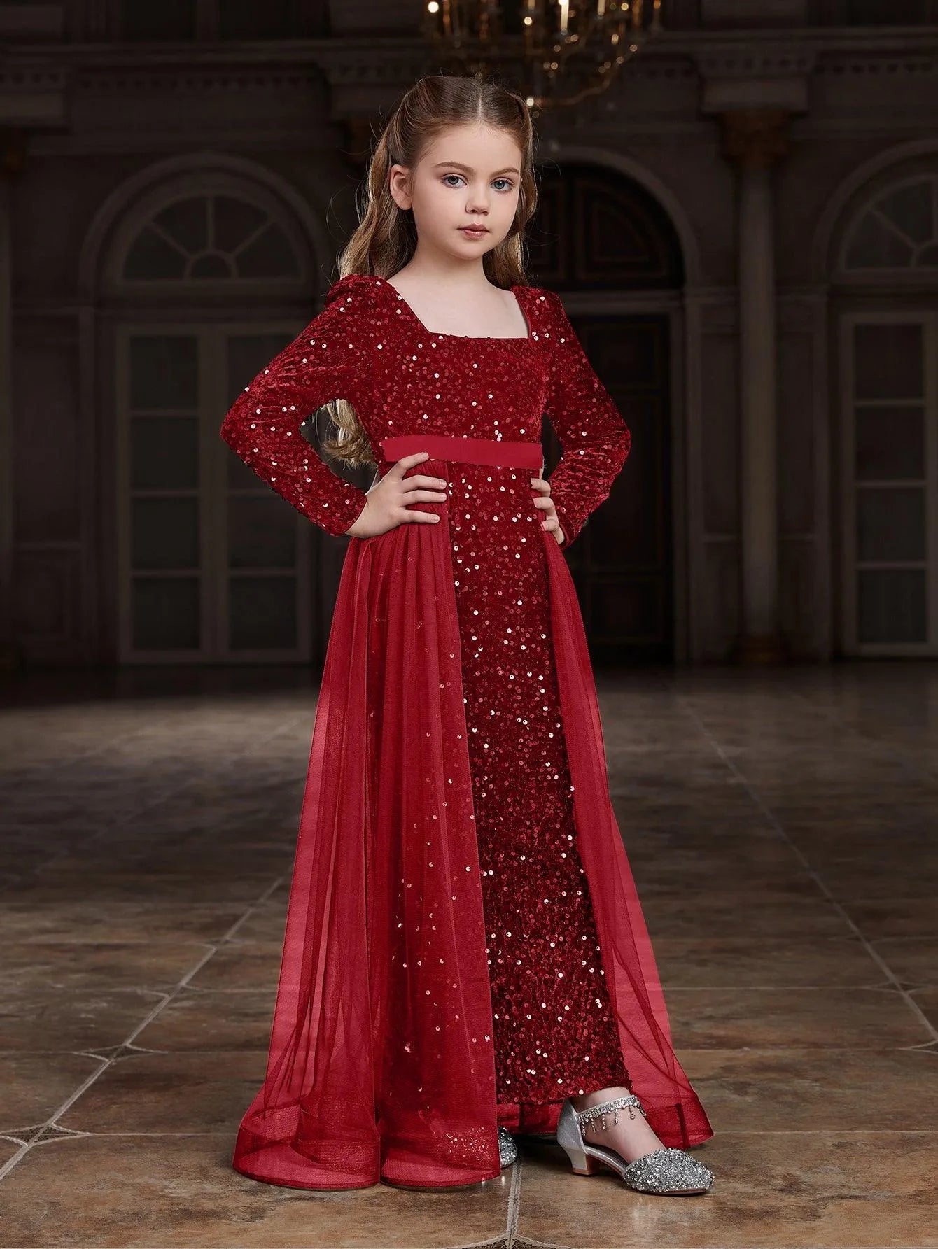 Tween Girls' Square Collar Long Sleeves Sequin Mermaid Dress - Elonnashop