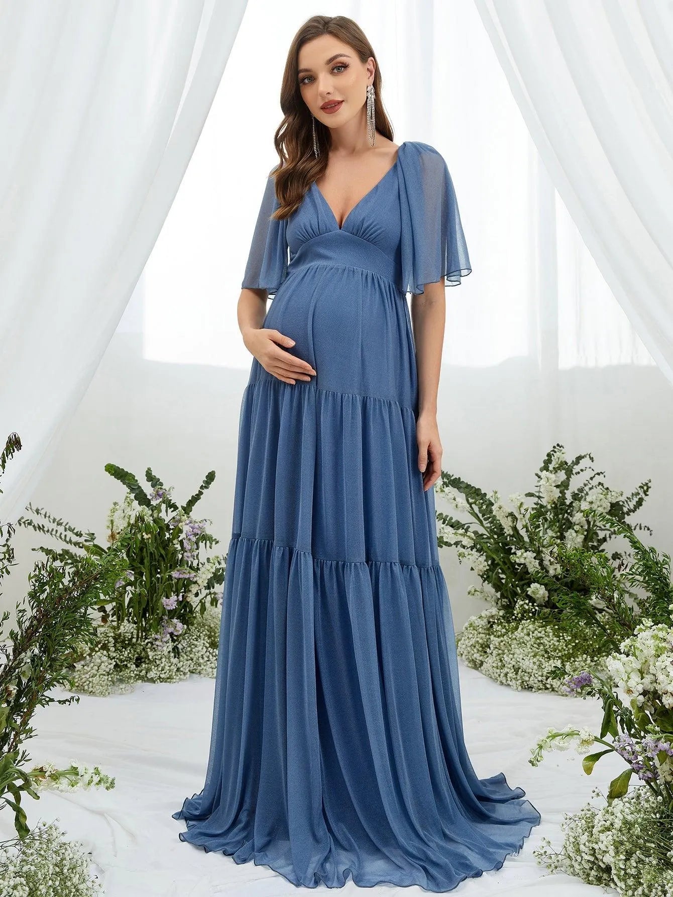 Maternity Plunging Neck Butterfly Sleeve Ruffle Hem Dress - Elonnashop