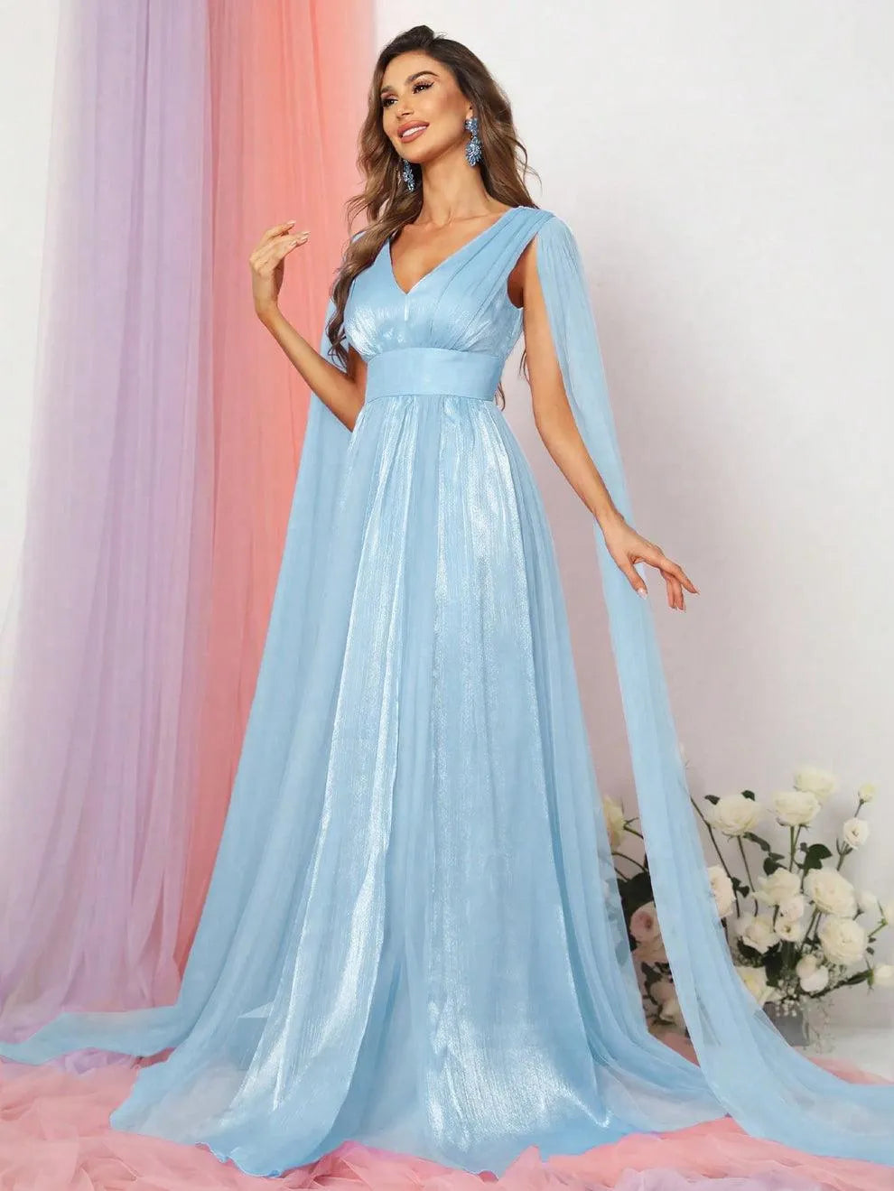 Plunging Neck A Line Bridesmaid dress With Cape - Elonnashop