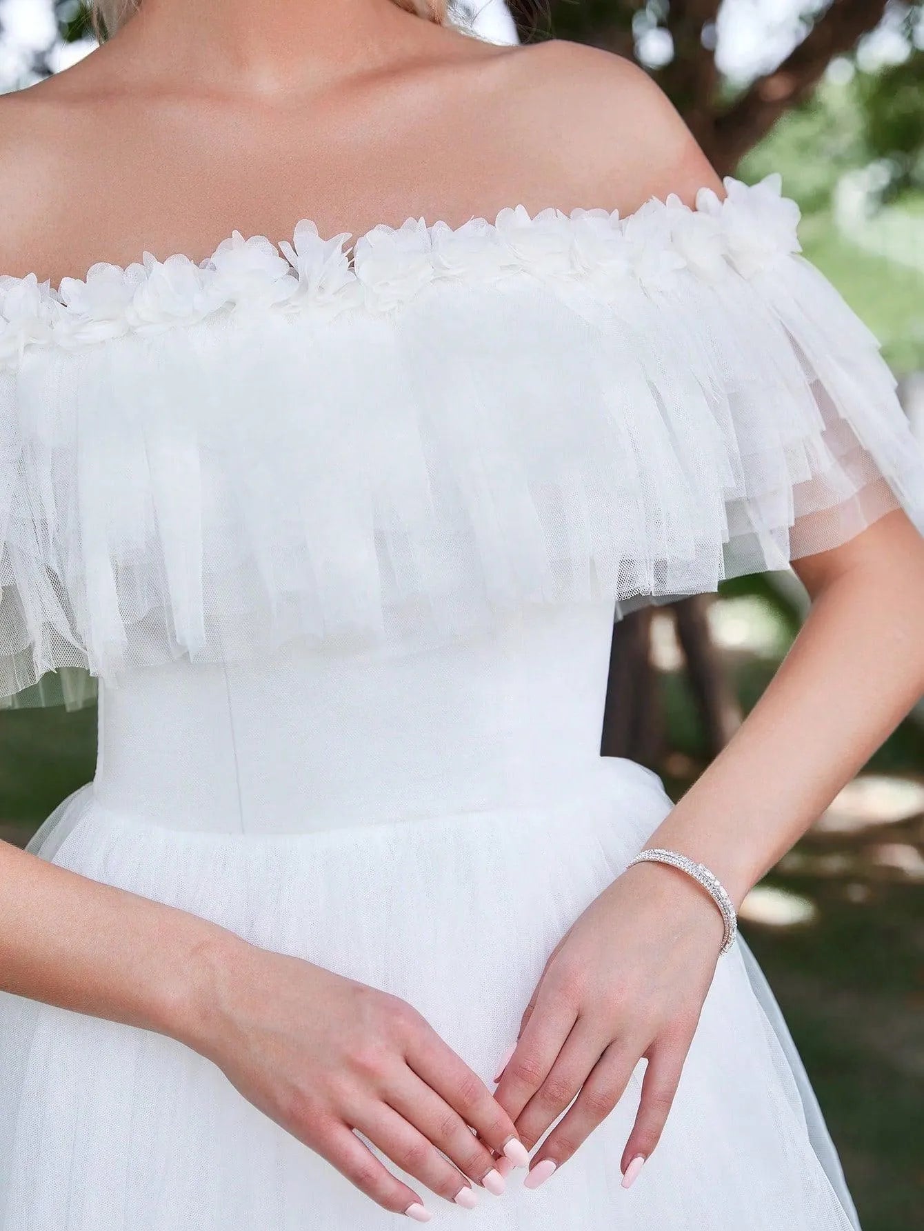 Ruffle Trim Off Shoulder Layered Mesh Wedding Dress - Elonnashop