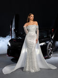 Gorgeous Off Shoulder Sheer Sleeves Mermaid Hem Sequin Wedding Dress with Satin Train