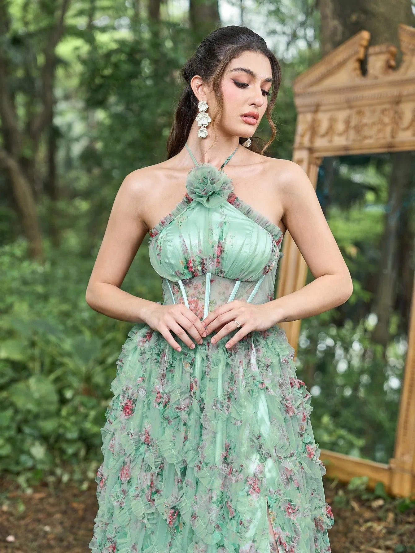 Elegant Cascading Ruffle Floral Tulle Halter Neck Split Prom Dress - Elonnashop