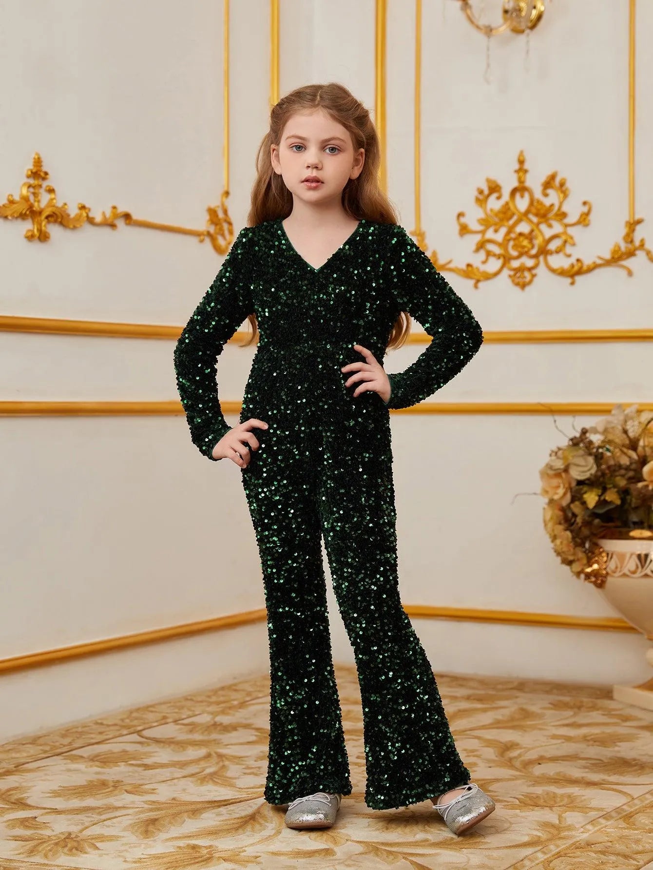 Tween Girls' V Neck Long Sleeves Sequin Jumpsuit - Elonnashop