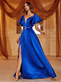 Elegant Ruffle Sleeve Split Thigh Buckle Belted Satin Dresses - Elonnashop