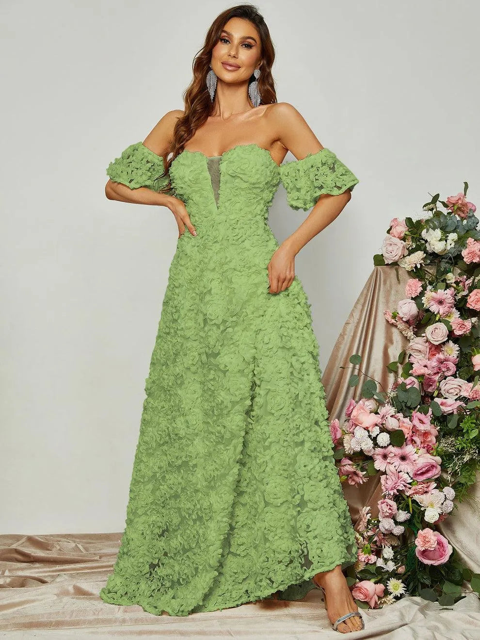 Off Shoulder 3D Flower A-Line Prom Dress - Elonnashop