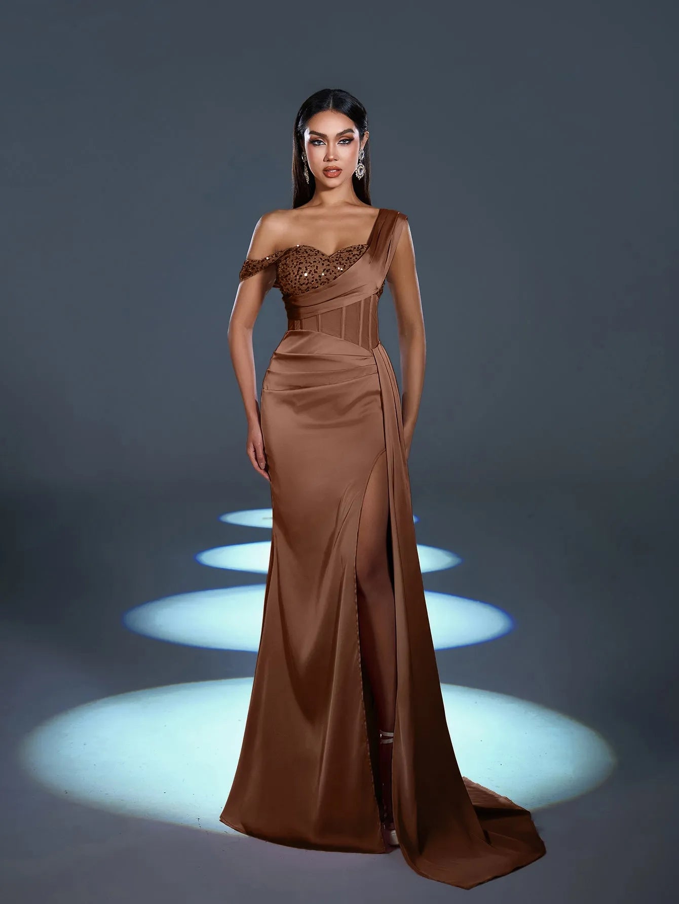 Elegant Asymmetrical Neck Split Mermaid Hem Satin Evening Dress