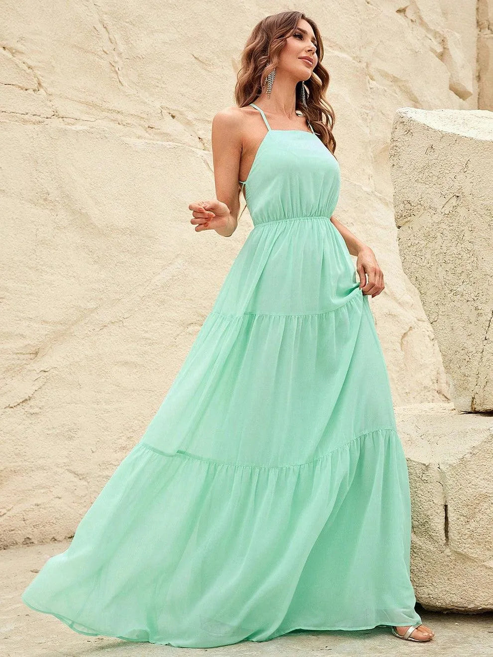 Back Lace Up Chiffon Tiered Maxi Dress - Elonnashop