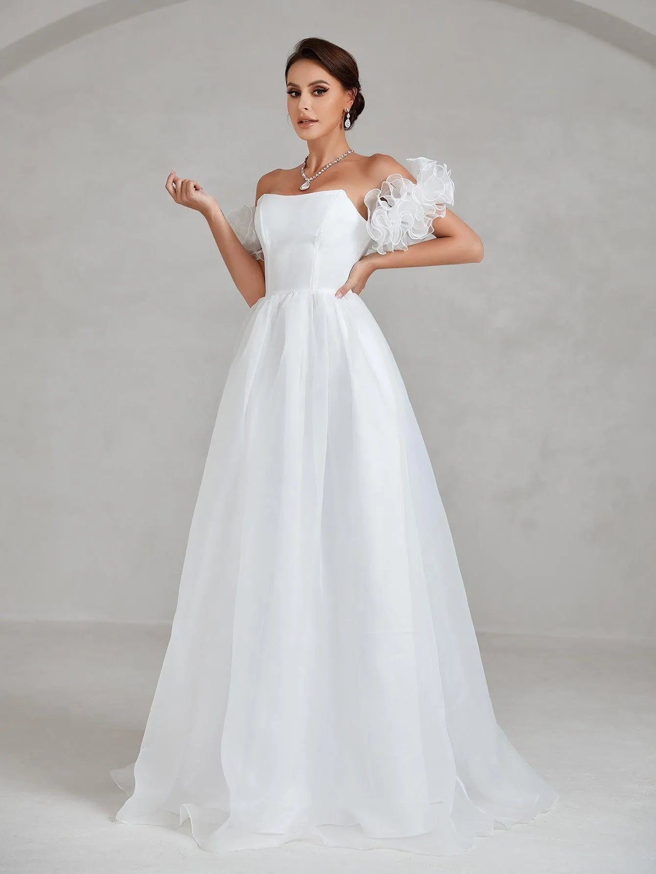 Ruffle Sleeve Organza Tube Wedding Dress - Elonnashop