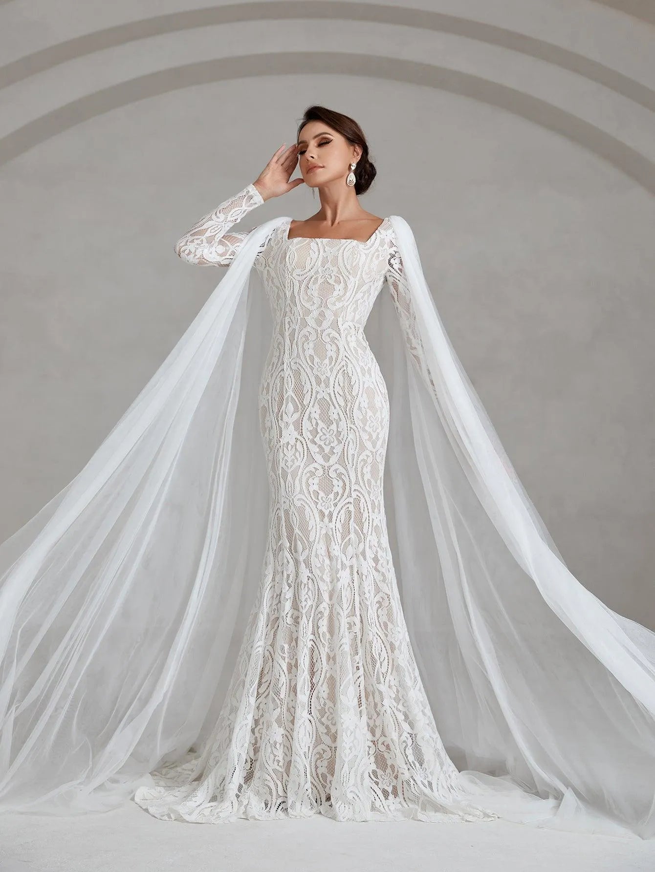 Elegant Square Neck Mermaid Lace Wedding Dress With Cape - Elonnashop