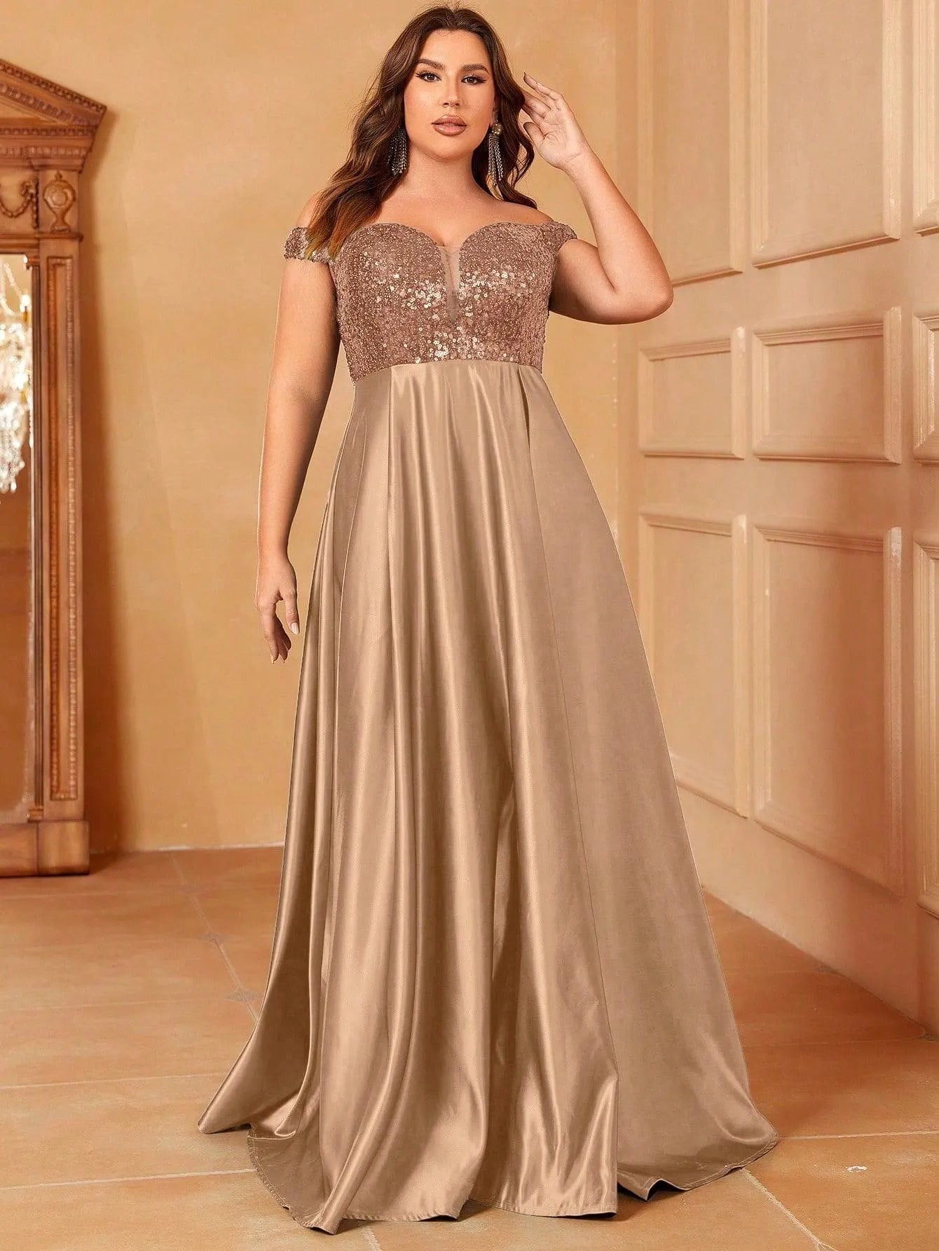 Plus Sweetheart Neckline Contrast Sequin Satin Prom Dress - Elonnashop