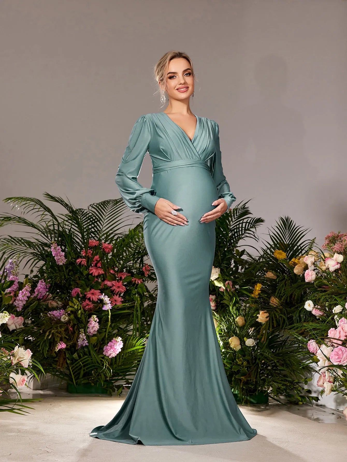 Maternity V Neck Bishop Sleeves Mermaid Hem Evening Dress