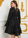 Plus Size V Neck Long Sleeve Sequin A Line Dress - Elonnashop