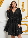 Plus Size V Neck Long Sleeve Sequin A Line Dress - Elonnashop