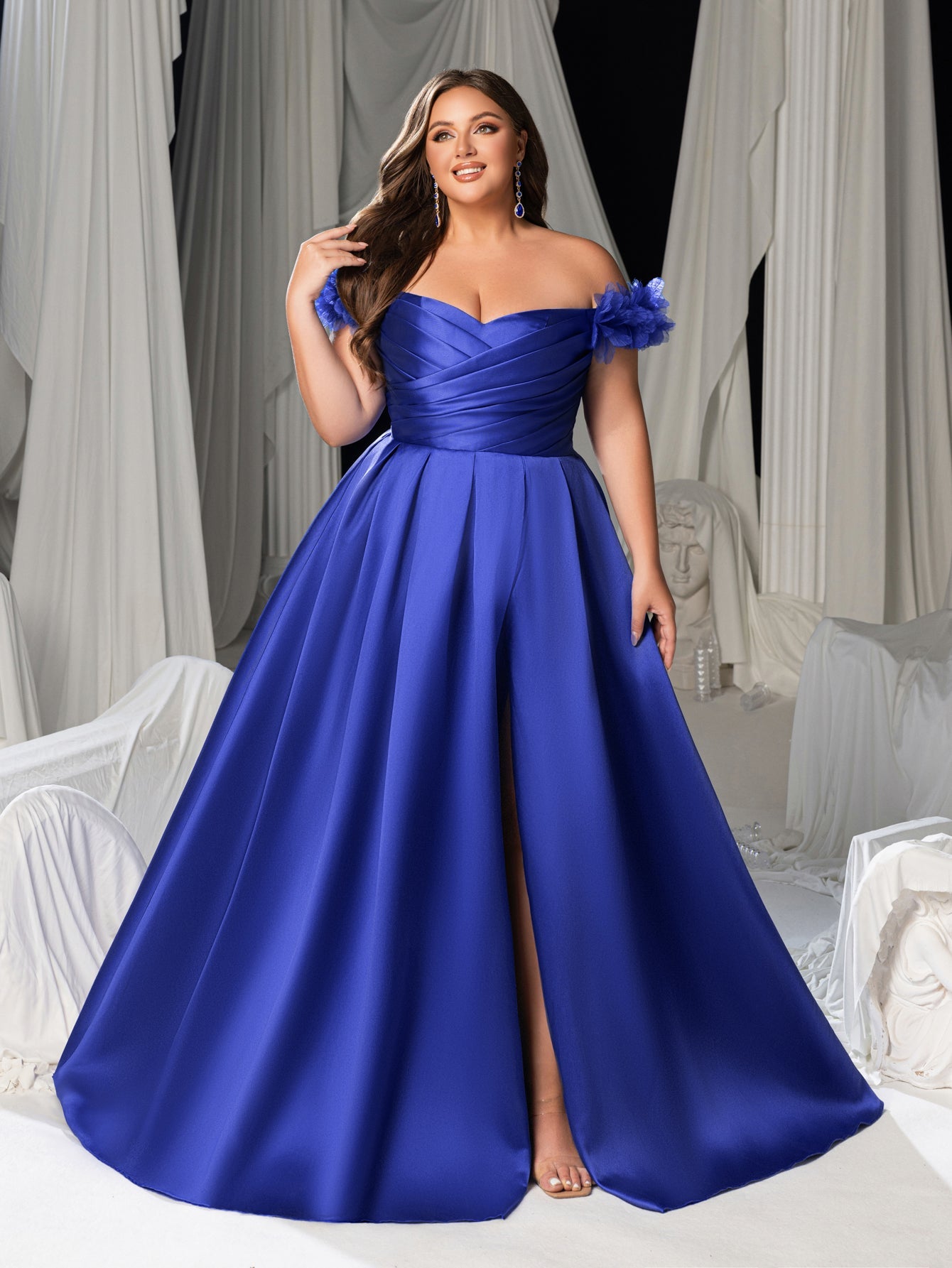 Plus Off-Shoulder Evening Gown with 3D Floral Appliqué | High Thigh Slit & Laced Back