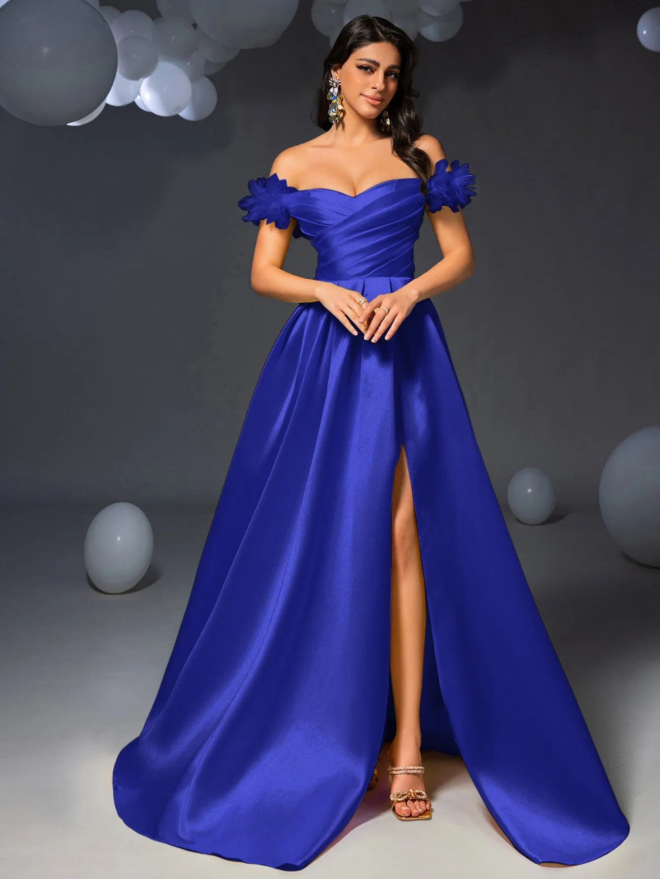 Elegant Off Shoulder Ruched Front Split Satin Prom Dress