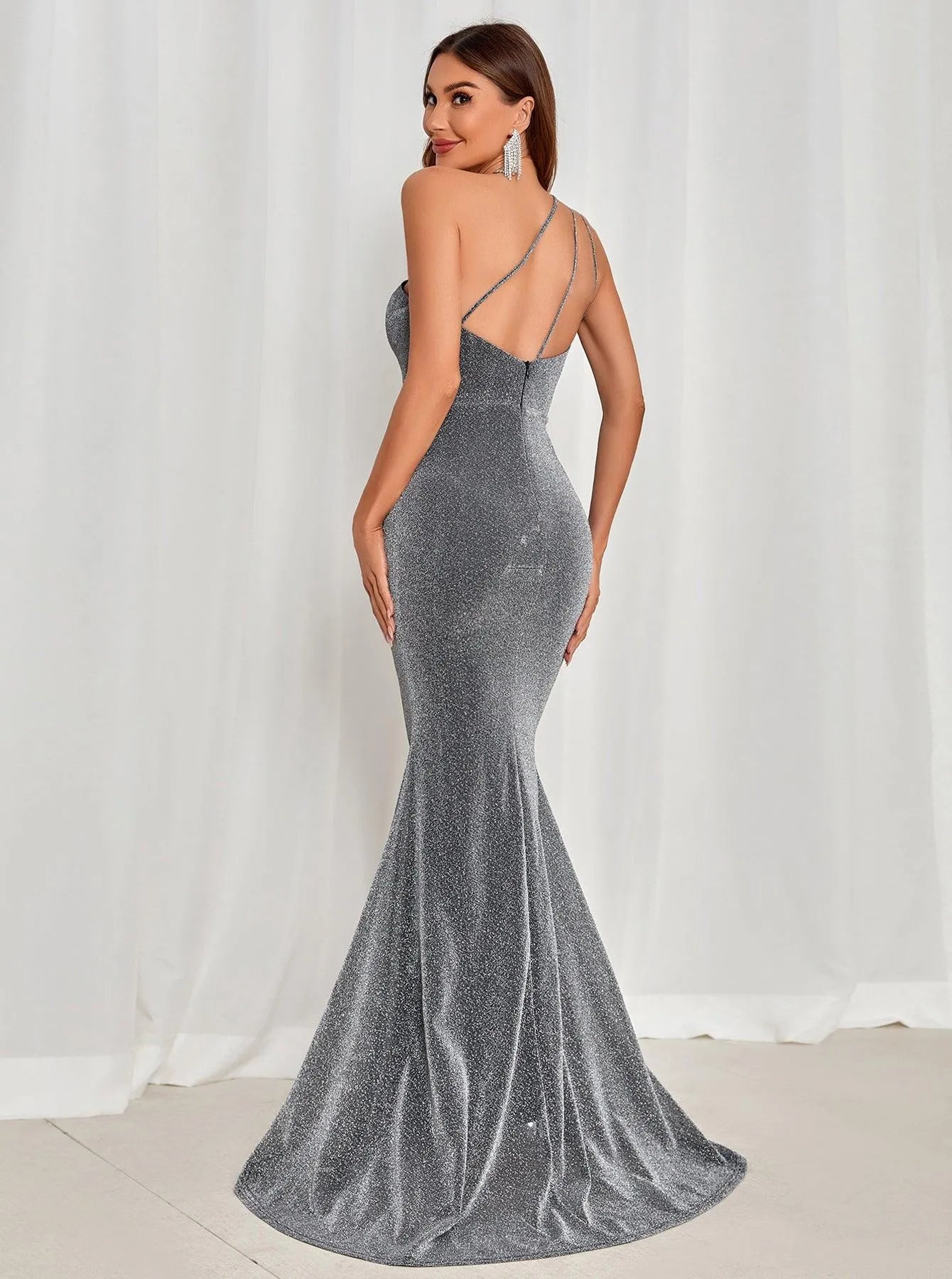 One Shoulder Backless Mermaid Hem Glitter Dress - Elonnashop