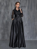 Womens' Shirt Collar Contrast Lace Satin Belted Dress - Elonnashop