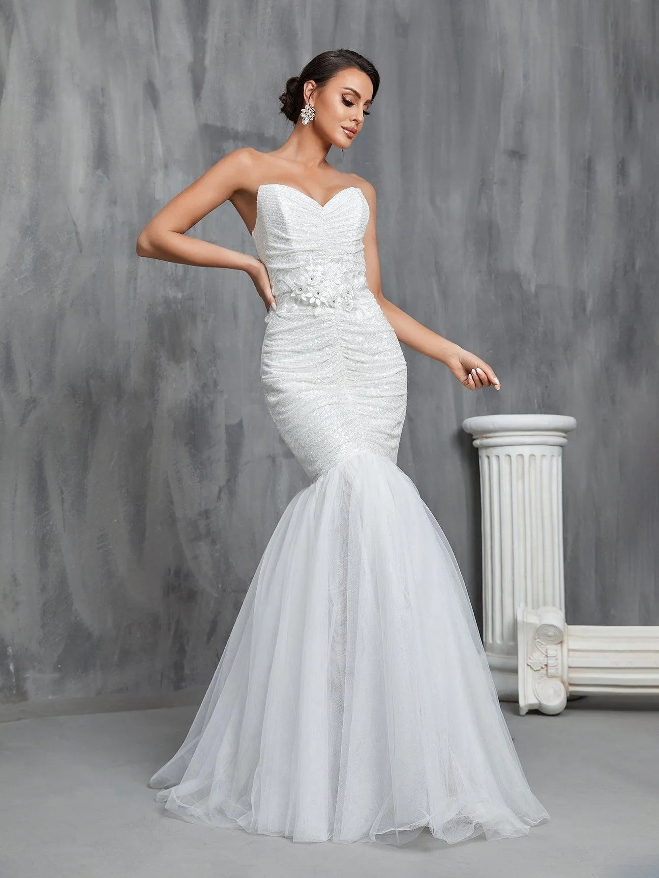 Ruched Front Mermaid Hem Sequin Tube Wedding Dresses - Elonnashop