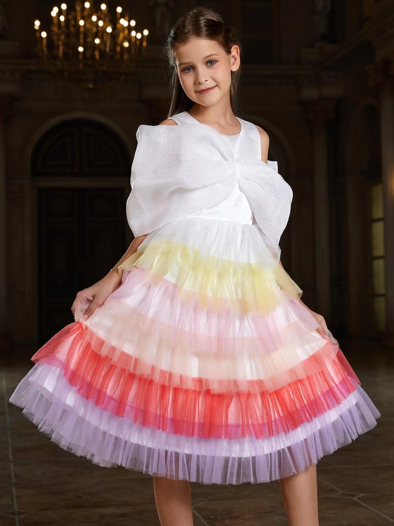 Tween Girls' Bow Detail Iridescent Layered Hem Cake Dress - Elonnashop