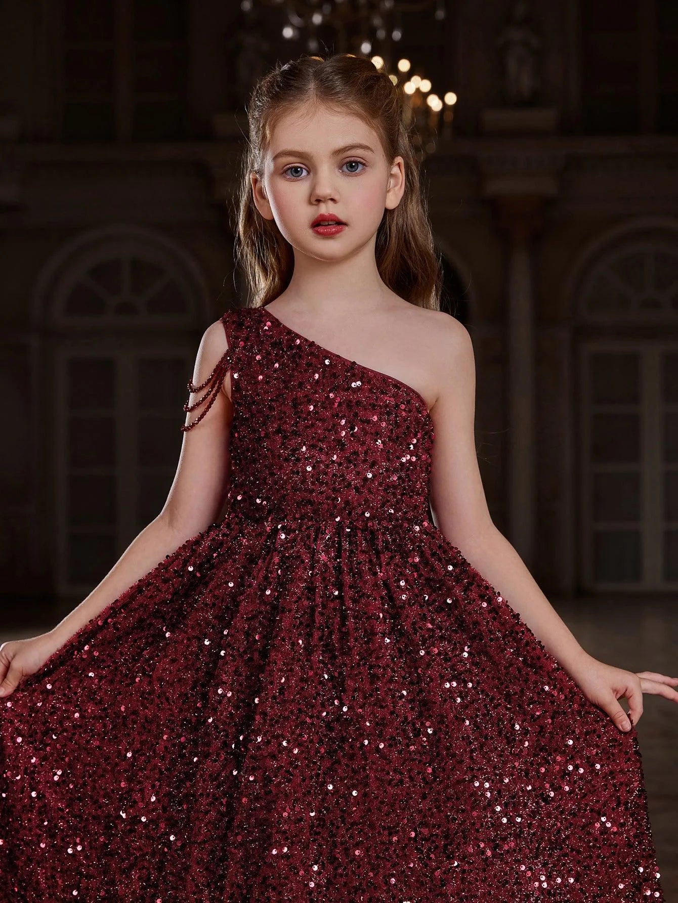 Tween Girls' One Shoulder Chain Detail Sequin Party Dress - Elonnashop