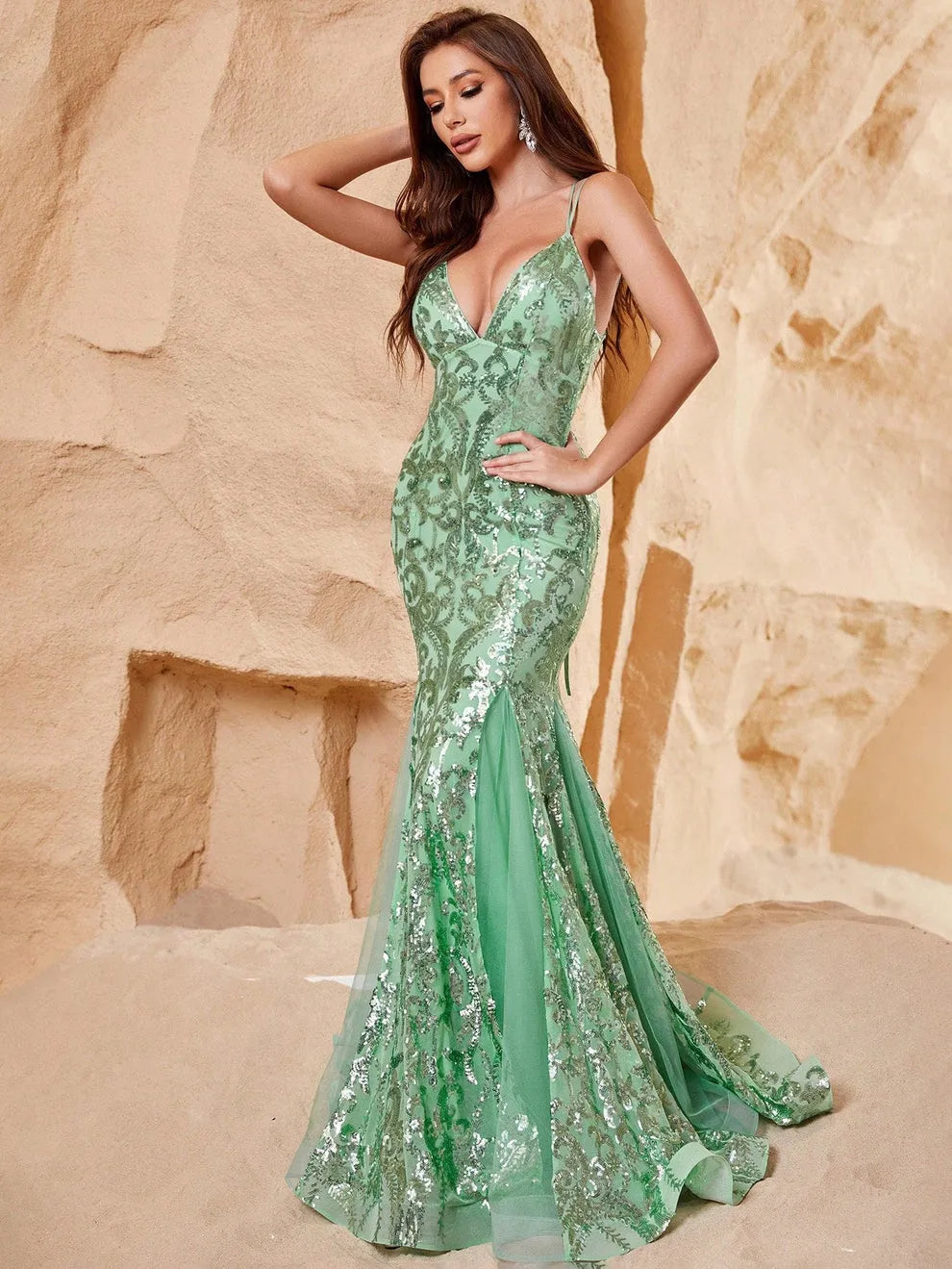 Stylish Lace-up Back Mermaid Hem Sequin Party Dress