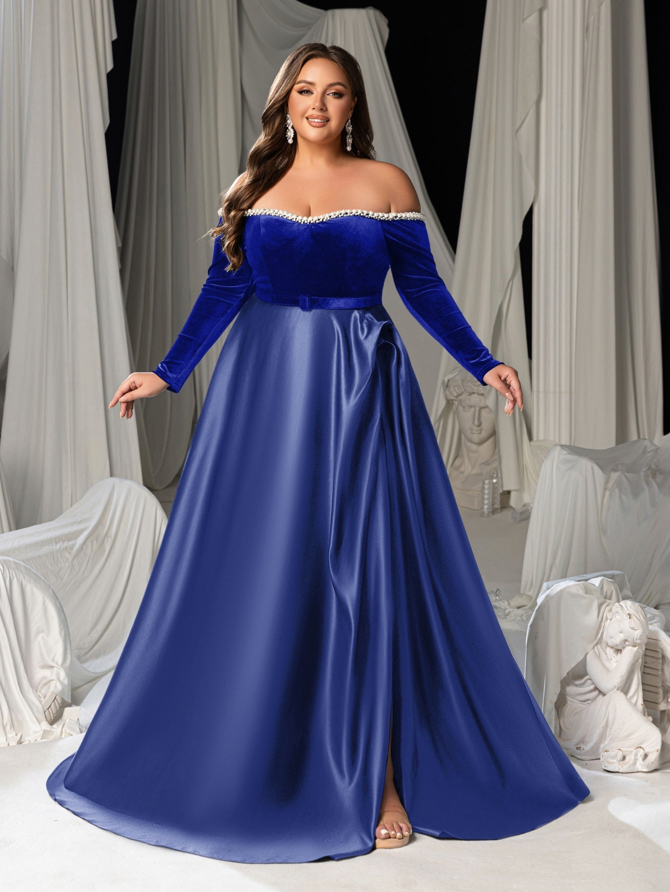 Plus Women's Pearl Accented Off-The-Shoulder Formal Gown | Long Sleeves | Defined Waist Belt | Full Flared Skirt